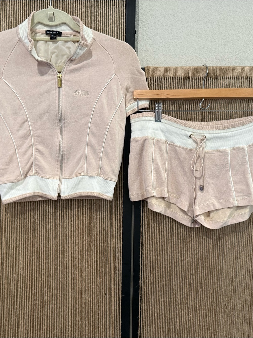 bebe Sport beige sports zipper crop top with shorts